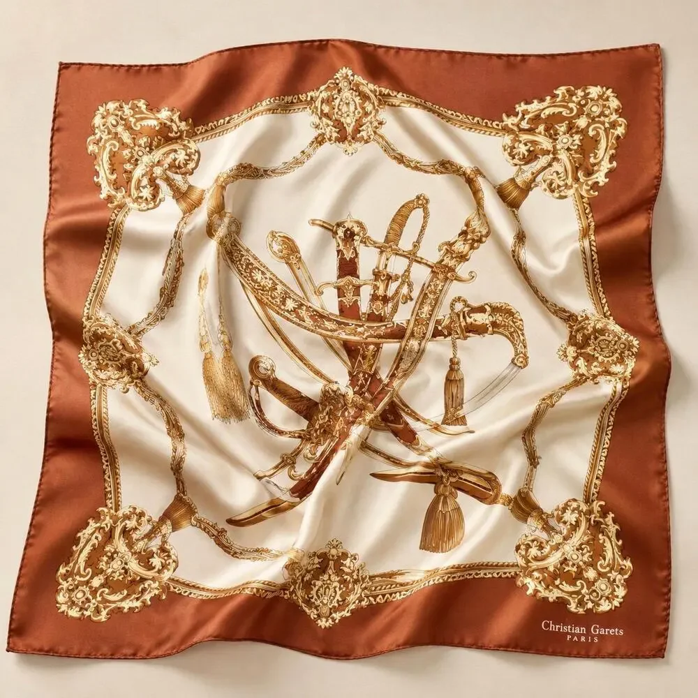 Vintage Christian Garets Paris Silk Scarf Ivory Brown Gold Swords Arms Baroque